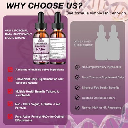 NAD+ Nahrungsergänzungsmittel für Männer und Frauen, Extra starke NMN-Alternative Liposomales Nad⁺ Supplement mit Resveratrol Quercetin für zelluläre Energie und NAD+ Spiegel, Schnelle Absorption Flüssiges NAD Plus | NON-GMO, 2 Fl Oz