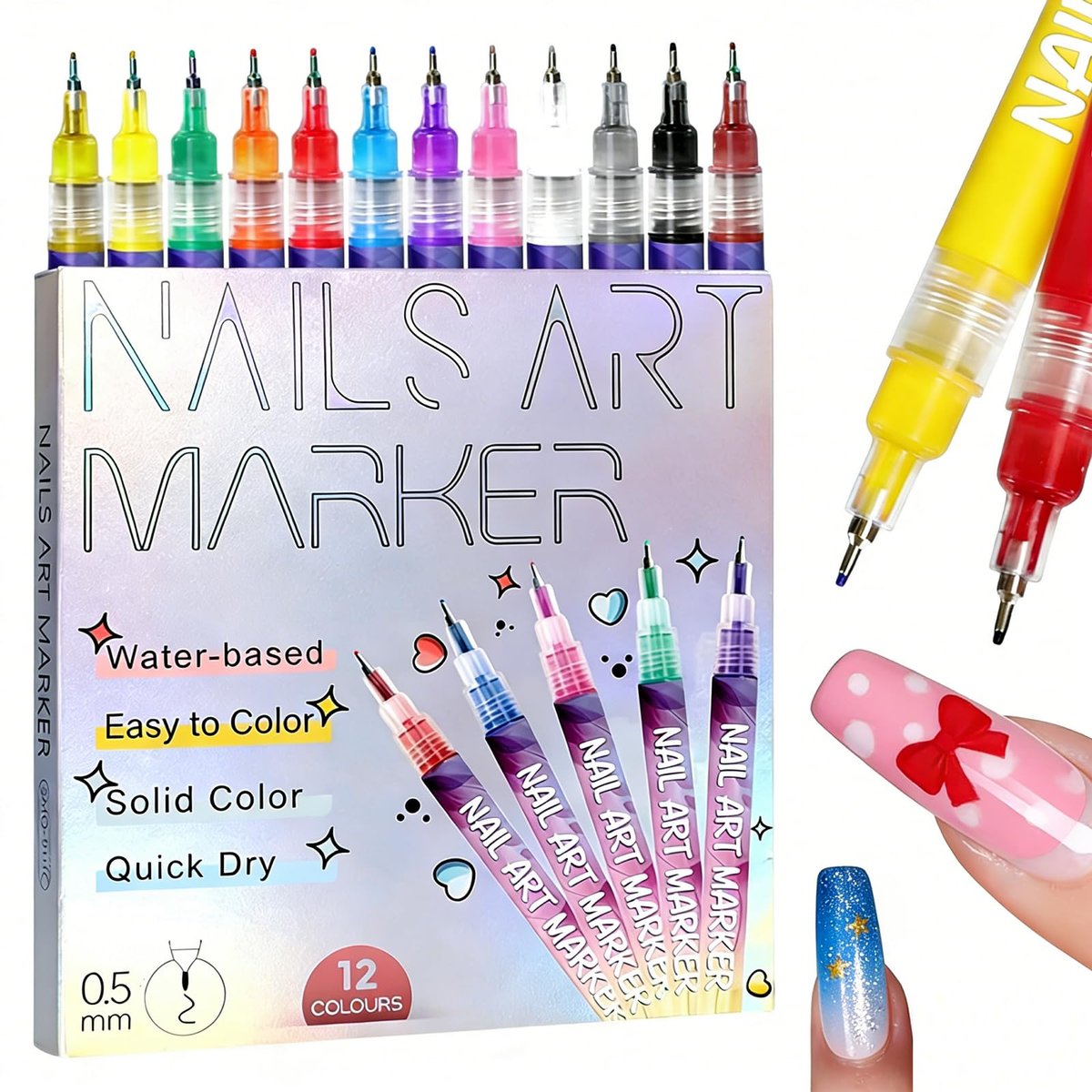 MUZAMOX Nagelkunststifte für Nagelmalerei 0,5 mm feine Spitze – Nagelmarker für Kinder, Mädchen & Gel-Nägel, schnell trocknende Nagellackstifte zum Malen, Punkten & Zeichnen (12-Farben-Set)