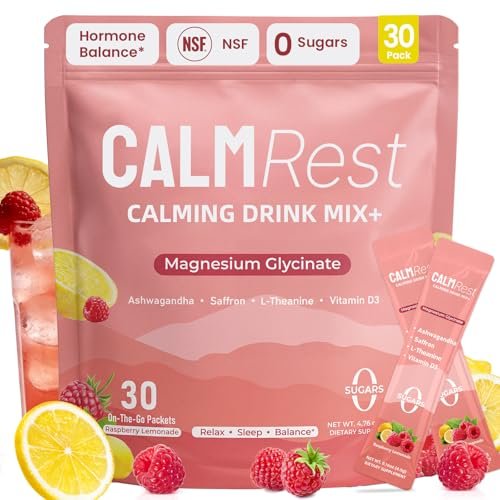 CalmRest Calm Magnesium Pulver – Cortisol-Supplement für Frauen, Hormonbalance-Unterstützung für Schlaf & Entspannung, ohne Zucker, Himbeer-Zitrone, 30 Portionen