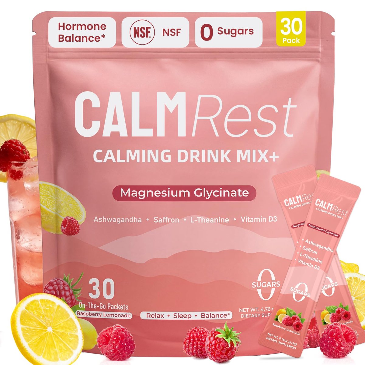 CalmRest Calm Magnesium Pulver – Cortisol-Supplement für Frauen, Hormonbalance-Unterstützung für Schlaf & Entspannung, ohne Zucker, Himbeer-Zitrone, 30 Portionen
