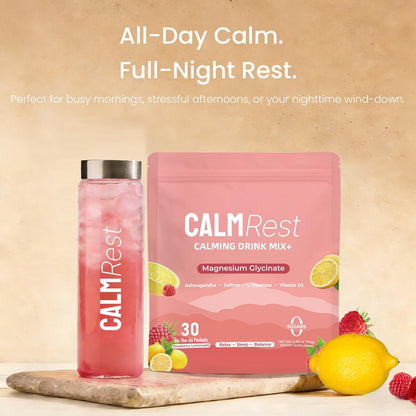 CalmRest Calm Magnesium Pulver – Cortisol-Supplement für Frauen, Hormonbalance-Unterstützung für Schlaf & Entspannung, ohne Zucker, Himbeer-Zitrone, 30 Portionen