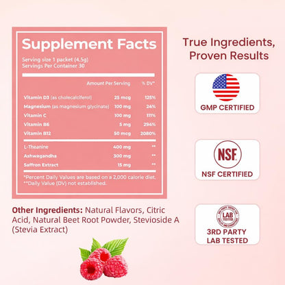 CalmRest Calm Magnesium Pulver – Cortisol-Supplement für Frauen, Hormonbalance-Unterstützung für Schlaf & Entspannung, ohne Zucker, Himbeer-Zitrone, 30 Portionen
