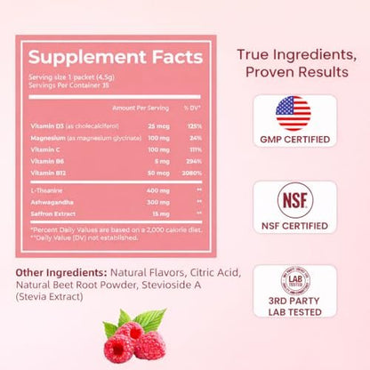 CalmRest Calm Magnesium Pulver für Frauen – Cortisol- und Hormonausgleich* für besseren Schlaf und Entspannung, ohne Zucker, Himbeer-Zitrone, 15 Portionen