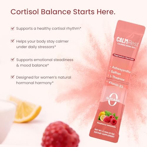 CalmRest Calm Magnesium Pulver für Frauen – Cortisol- und Hormonausgleich* für besseren Schlaf und Entspannung, ohne Zucker, Himbeer-Zitrone, 15 Portionen