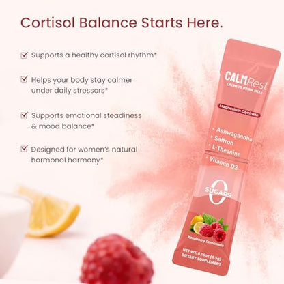 CalmRest Calm Magnesium Pulver für Frauen – Cortisol- und Hormonausgleich* für besseren Schlaf und Entspannung, ohne Zucker, Himbeer-Zitrone, 15 Portionen