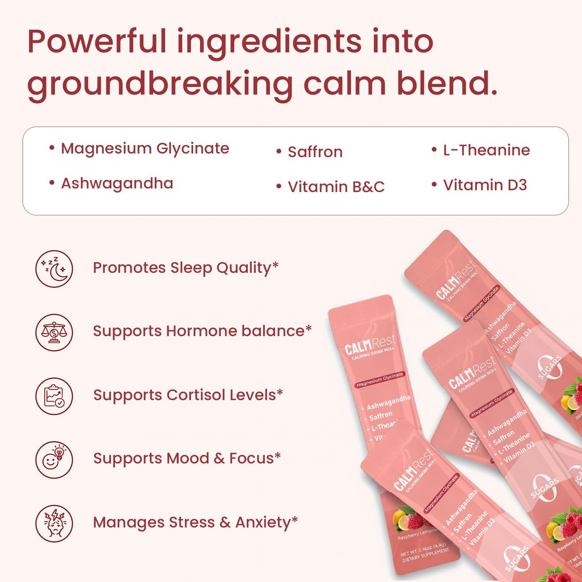 CalmRest Calm Magnesium Pulver für Frauen – Cortisol- und Hormonausgleich* für besseren Schlaf und Entspannung, ohne Zucker, Himbeer-Zitrone, 15 Portionen