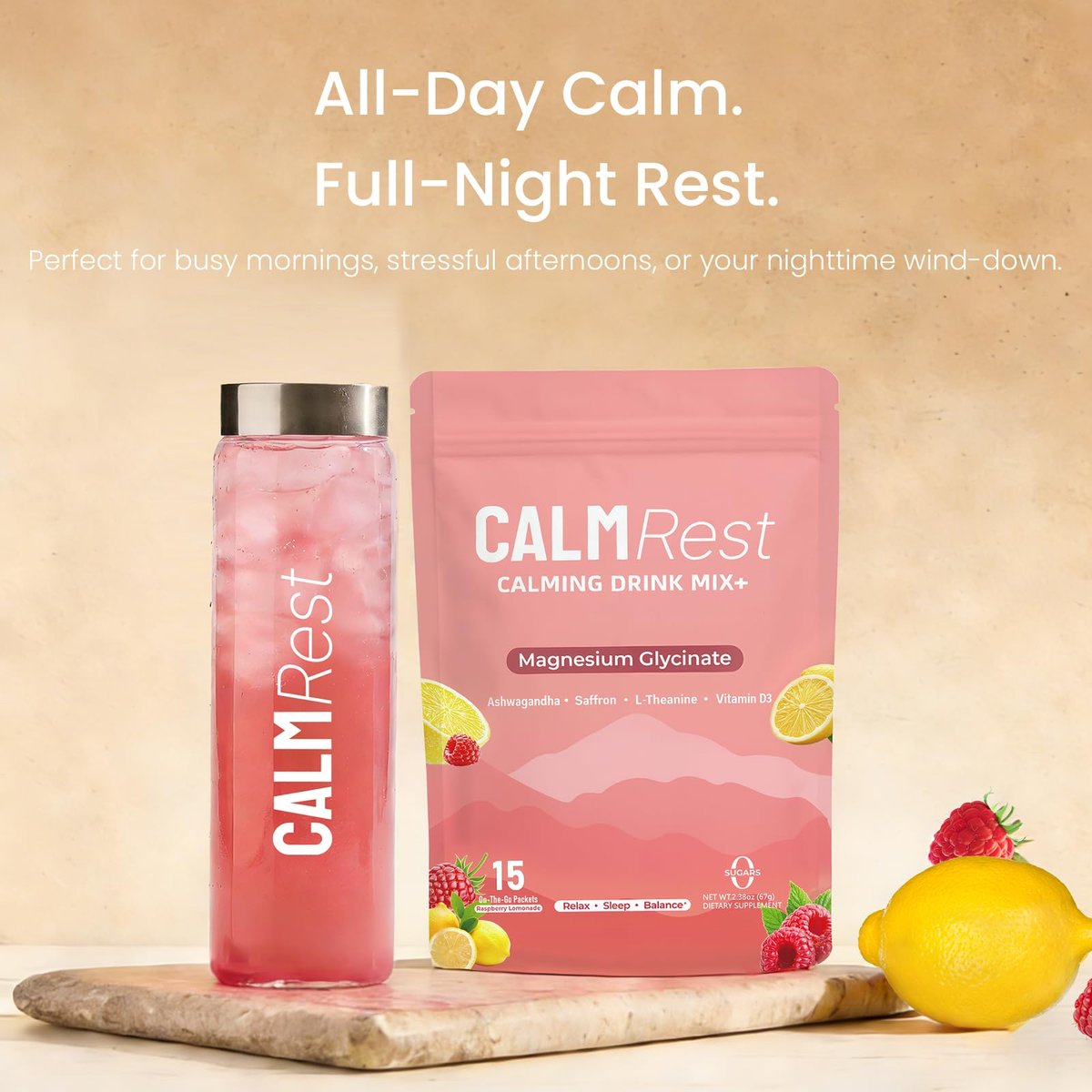 CalmRest Calm Magnesium Pulver für Frauen – Cortisol- und Hormonausgleich* für besseren Schlaf und Entspannung, ohne Zucker, Himbeer-Zitrone, 15 Portionen