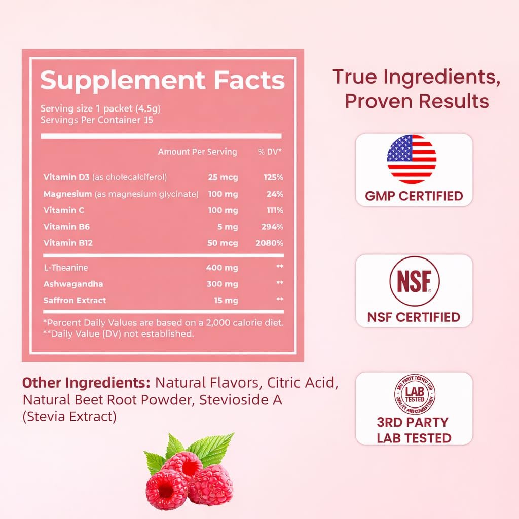 CalmRest Calm Magnesium Pulver für Frauen – Cortisol- und Hormonausgleich* für besseren Schlaf und Entspannung, ohne Zucker, Himbeer-Zitrone, 15 Portionen