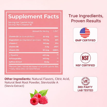 CalmRest Calm Magnesium Pulver für Frauen – Cortisol- und Hormonausgleich* für besseren Schlaf und Entspannung, ohne Zucker, Himbeer-Zitrone, 15 Portionen