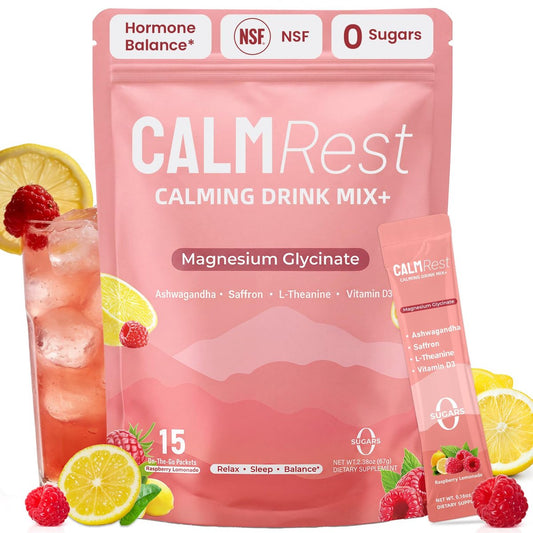 CalmRest Calm Magnesium Pulver für Frauen – Cortisol- und Hormonausgleich* für besseren Schlaf und Entspannung, ohne Zucker, Himbeer-Zitrone, 15 Portionen