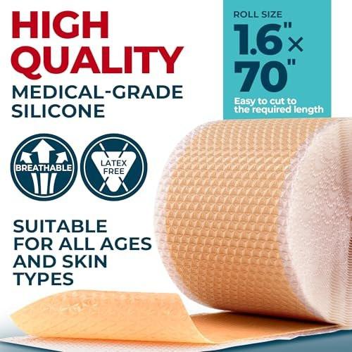Medizinisches Silikon-Narbenband – 1,6" x 70" – Wirksame Behandlung von Narben nach Operationen, Kaiserschnitt, Bauchdeckenstraffung, Akne und mehr – Wiederverwendbare Silikon-Narbenfolie