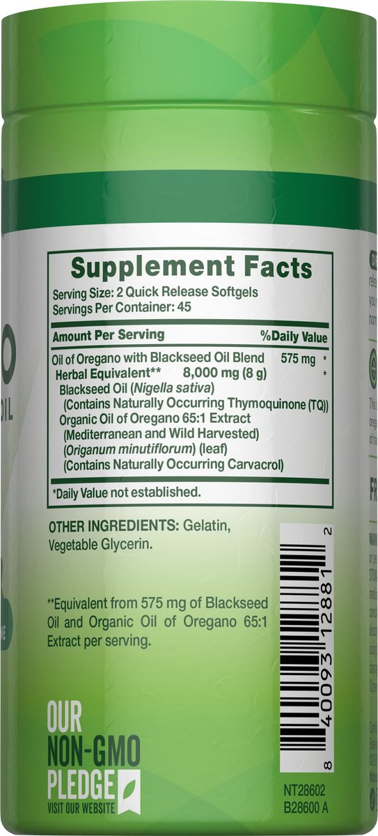 Nature's Truth Öl des Oregano Kapseln mit Schwarzkümmelöl | 90 Softgels | Natürlich vorkommendes Carvacrol | Non-GMO & Glutenfrei