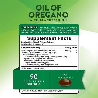 Nature's Truth Öl des Oregano Kapseln mit Schwarzkümmelöl | 90 Softgels | Natürlich vorkommendes Carvacrol | Non-GMO & Glutenfrei