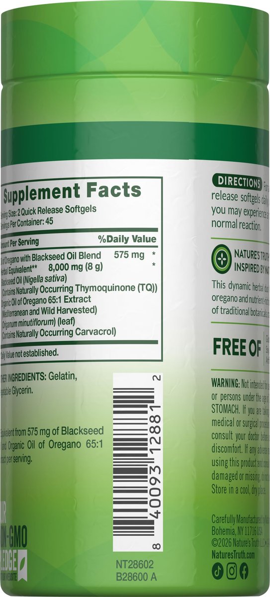 Nature's Truth Öl des Oregano Kapseln mit Schwarzkümmelöl | 90 Softgels | Natürlich vorkommendes Carvacrol | Non-GMO & Glutenfrei