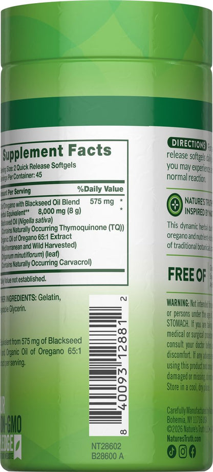 Nature's Truth Öl des Oregano Kapseln mit Schwarzkümmelöl | 90 Softgels | Natürlich vorkommendes Carvacrol | Non-GMO & Glutenfrei