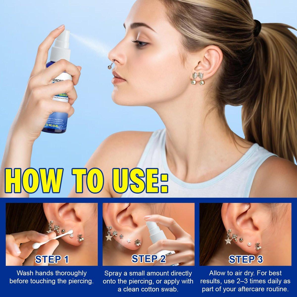 Piercing Aftercare Spray – Kochsalzlösung für Ohr-, Nasen-, Bauchnabel- und Körperpiercings, beruhigende Reinigung, 60 ml
