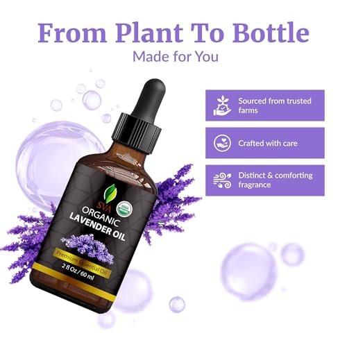 SVA Lavendel Bio Ätherisches Öl – 60 ml – 100 % natürliches Bio-Lavendelöl für Diffuser, Haare, Gesicht, Hautpflege, Aromatherapie, Kopfhaut und Körpermassage, Seifen- und Kerzenherstellung – mit Pipette