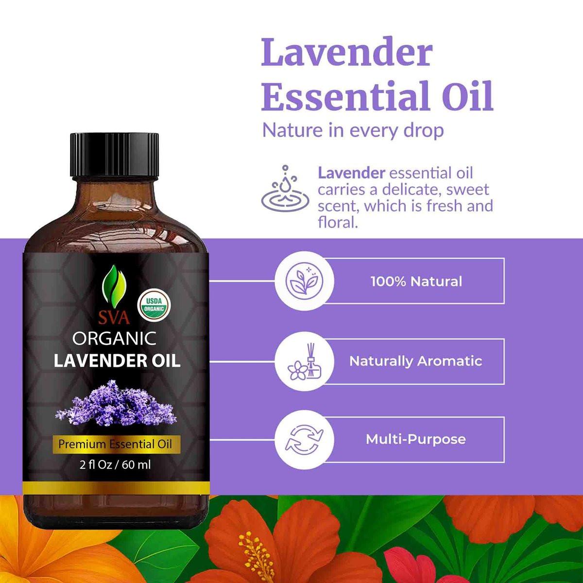 SVA Lavendel Bio Ätherisches Öl – 60 ml – 100 % natürliches Bio-Lavendelöl für Diffuser, Haare, Gesicht, Hautpflege, Aromatherapie, Kopfhaut und Körpermassage, Seifen- und Kerzenherstellung – mit Pipette