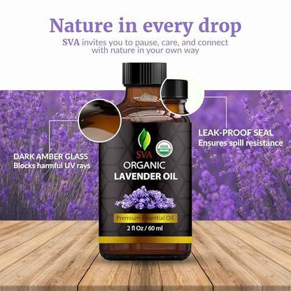 SVA Lavendel Bio Ätherisches Öl – 60 ml – 100 % natürliches Bio-Lavendelöl für Diffuser, Haare, Gesicht, Hautpflege, Aromatherapie, Kopfhaut und Körpermassage, Seifen- und Kerzenherstellung – mit Pipette