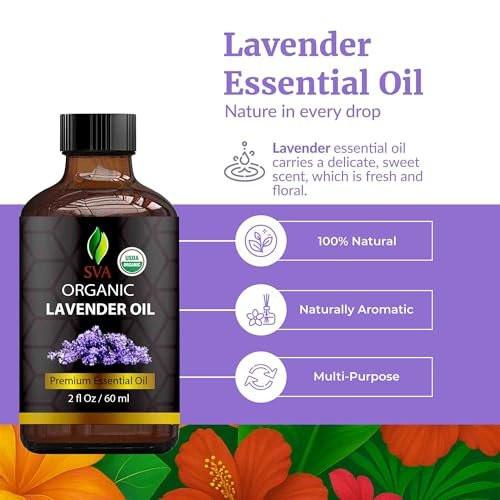 SVA Lavendel Bio Ätherisches Öl – 60 ml – 100 % natürliches Bio-Lavendelöl für Diffuser, Haare, Gesicht, Hautpflege, Aromatherapie, Kopfhaut und Körpermassage, Seifen- und Kerzenherstellung – mit Pipette