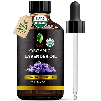 SVA Lavendel Bio Ätherisches Öl – 60 ml – 100 % natürliches Bio-Lavendelöl für Diffuser, Haare, Gesicht, Hautpflege, Aromatherapie, Kopfhaut und Körpermassage, Seifen- und Kerzenherstellung – mit Pipette