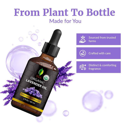 SVA Lavendel Bio Ätherisches Öl – 60 ml – 100 % natürliches Bio-Lavendelöl für Diffuser, Haare, Gesicht, Hautpflege, Aromatherapie, Kopfhaut und Körpermassage, Seifen- und Kerzenherstellung – mit Pipette