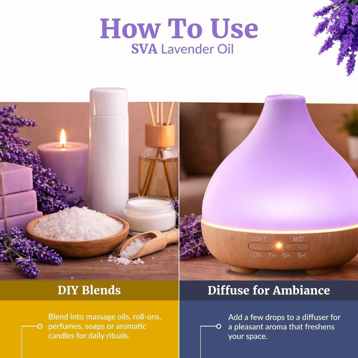 SVA Lavendel Bio Ätherisches Öl – 60 ml – 100 % natürliches Bio-Lavendelöl für Diffuser, Haare, Gesicht, Hautpflege, Aromatherapie, Kopfhaut und Körpermassage, Seifen- und Kerzenherstellung – mit Pipette