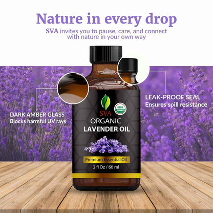 SVA Lavendel Bio Ätherisches Öl – 60 ml – 100 % natürliches Bio-Lavendelöl für Diffuser, Haare, Gesicht, Hautpflege, Aromatherapie, Kopfhaut und Körpermassage, Seifen- und Kerzenherstellung – mit Pipette