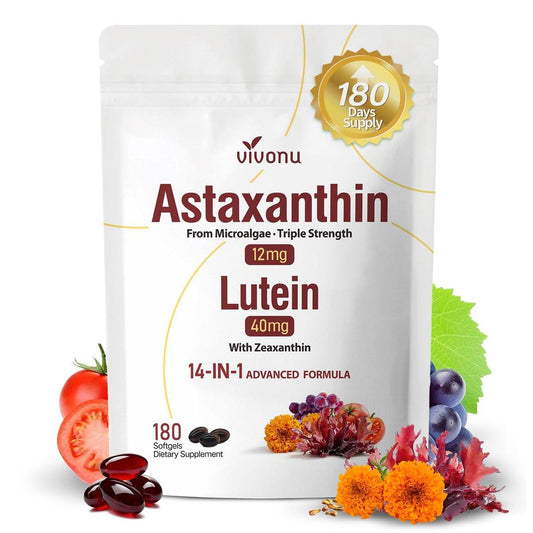 14-in-1 Astaxanthin 12 mg & Lutein 40 mg mit Zeaxanthin – 6-Monatsvorrat, frische Mikroalgenquelle, unterstützt Augen-, Haut-, Gelenk- und Kreislaufgesundheit, Antioxidans, Non-GMO, glutenfrei, 180 Weichkapseln