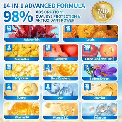 14-in-1 Astaxanthin 12 mg & Lutein 40 mg mit Zeaxanthin – 6-Monatsvorrat, frische Mikroalgenquelle, unterstützt Augen-, Haut-, Gelenk- und Kreislaufgesundheit, Antioxidans, Non-GMO, glutenfrei, 180 Weichkapseln