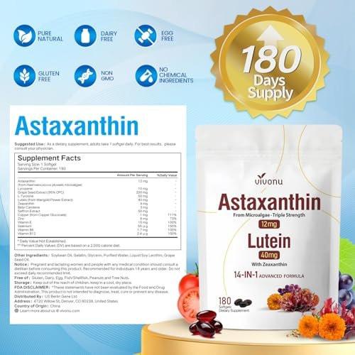 14-in-1 Astaxanthin 12 mg & Lutein 40 mg mit Zeaxanthin – 6-Monatsvorrat, frische Mikroalgenquelle, unterstützt Augen-, Haut-, Gelenk- und Kreislaufgesundheit, Antioxidans, Non-GMO, glutenfrei, 180 Weichkapseln