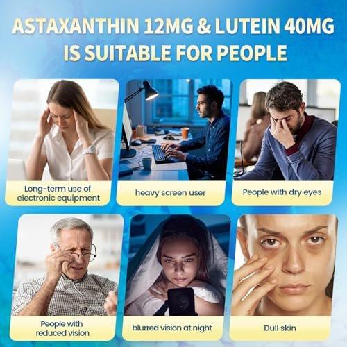 14-in-1 Astaxanthin 12 mg & Lutein 40 mg mit Zeaxanthin – 6-Monatsvorrat, frische Mikroalgenquelle, unterstützt Augen-, Haut-, Gelenk- und Kreislaufgesundheit, Antioxidans, Non-GMO, glutenfrei, 180 Weichkapseln