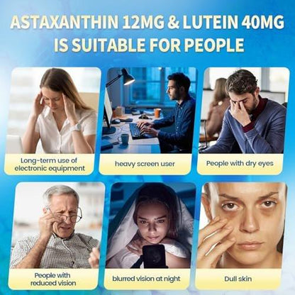 14-in-1 Astaxanthin 12 mg & Lutein 40 mg mit Zeaxanthin – 6-Monatsvorrat, frische Mikroalgenquelle, unterstützt Augen-, Haut-, Gelenk- und Kreislaufgesundheit, Antioxidans, Non-GMO, glutenfrei, 180 Weichkapseln