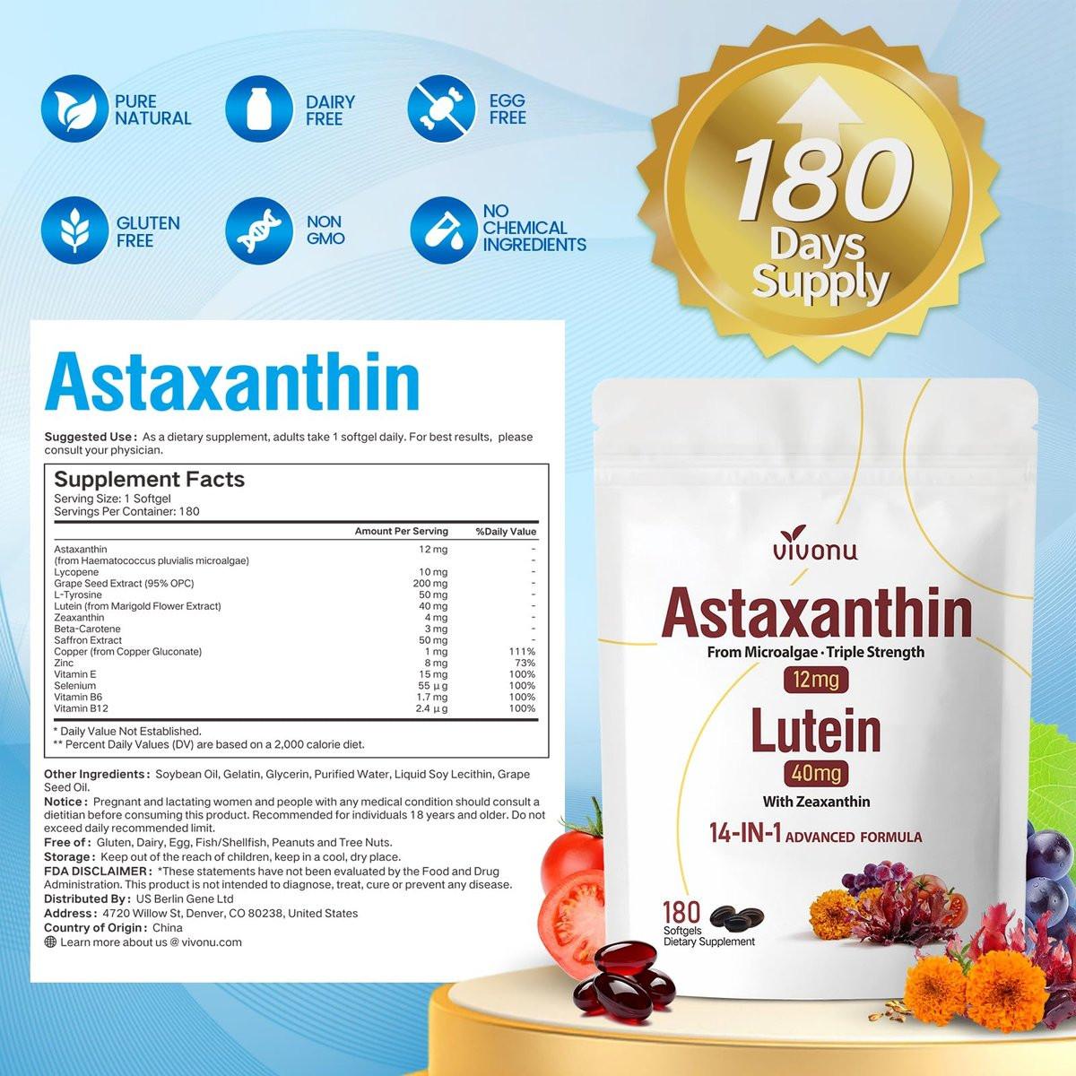 14-in-1 Astaxanthin 12 mg & Lutein 40 mg mit Zeaxanthin – 6-Monatsvorrat, frische Mikroalgenquelle, unterstützt Augen-, Haut-, Gelenk- und Kreislaufgesundheit, Antioxidans, Non-GMO, glutenfrei, 180 Weichkapseln