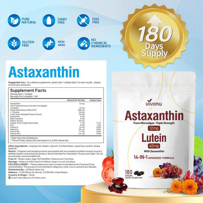 14-in-1 Astaxanthin 12 mg & Lutein 40 mg mit Zeaxanthin – 6-Monatsvorrat, frische Mikroalgenquelle, unterstützt Augen-, Haut-, Gelenk- und Kreislaufgesundheit, Antioxidans, Non-GMO, glutenfrei, 180 Weichkapseln