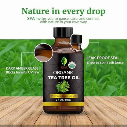 SVA Teebaumöl Bio – 59 ml – 100% natürliches Bio-Teebaumöl – für Diffuser, Haare, Gesicht, Hautpflege, Aromatherapie, Kopfhaut- und Körpermassage, Seifen- und Kerzenherstellung – mit Pipette