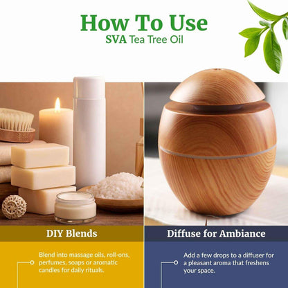 SVA Teebaumöl Bio – 59 ml – 100% natürliches Bio-Teebaumöl – für Diffuser, Haare, Gesicht, Hautpflege, Aromatherapie, Kopfhaut- und Körpermassage, Seifen- und Kerzenherstellung – mit Pipette
