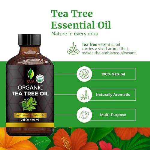 SVA Teebaumöl Bio – 59 ml – 100% natürliches Bio-Teebaumöl – für Diffuser, Haare, Gesicht, Hautpflege, Aromatherapie, Kopfhaut- und Körpermassage, Seifen- und Kerzenherstellung – mit Pipette