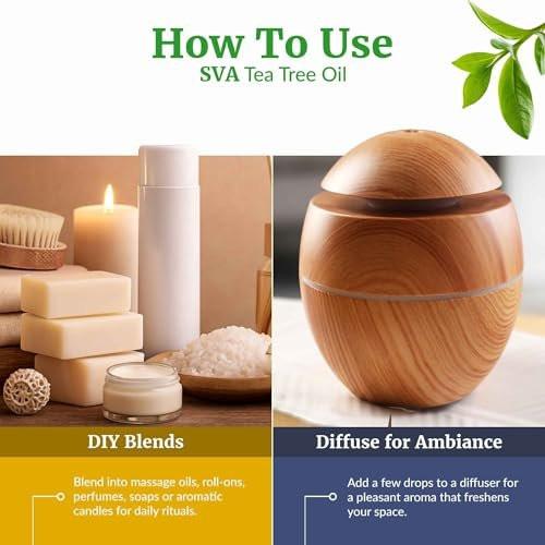 SVA Teebaumöl Bio – 59 ml – 100% natürliches Bio-Teebaumöl – für Diffuser, Haare, Gesicht, Hautpflege, Aromatherapie, Kopfhaut- und Körpermassage, Seifen- und Kerzenherstellung – mit Pipette
