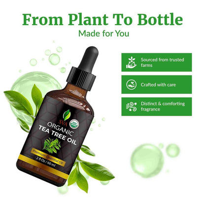 SVA Teebaumöl Bio – 59 ml – 100% natürliches Bio-Teebaumöl – für Diffuser, Haare, Gesicht, Hautpflege, Aromatherapie, Kopfhaut- und Körpermassage, Seifen- und Kerzenherstellung – mit Pipette