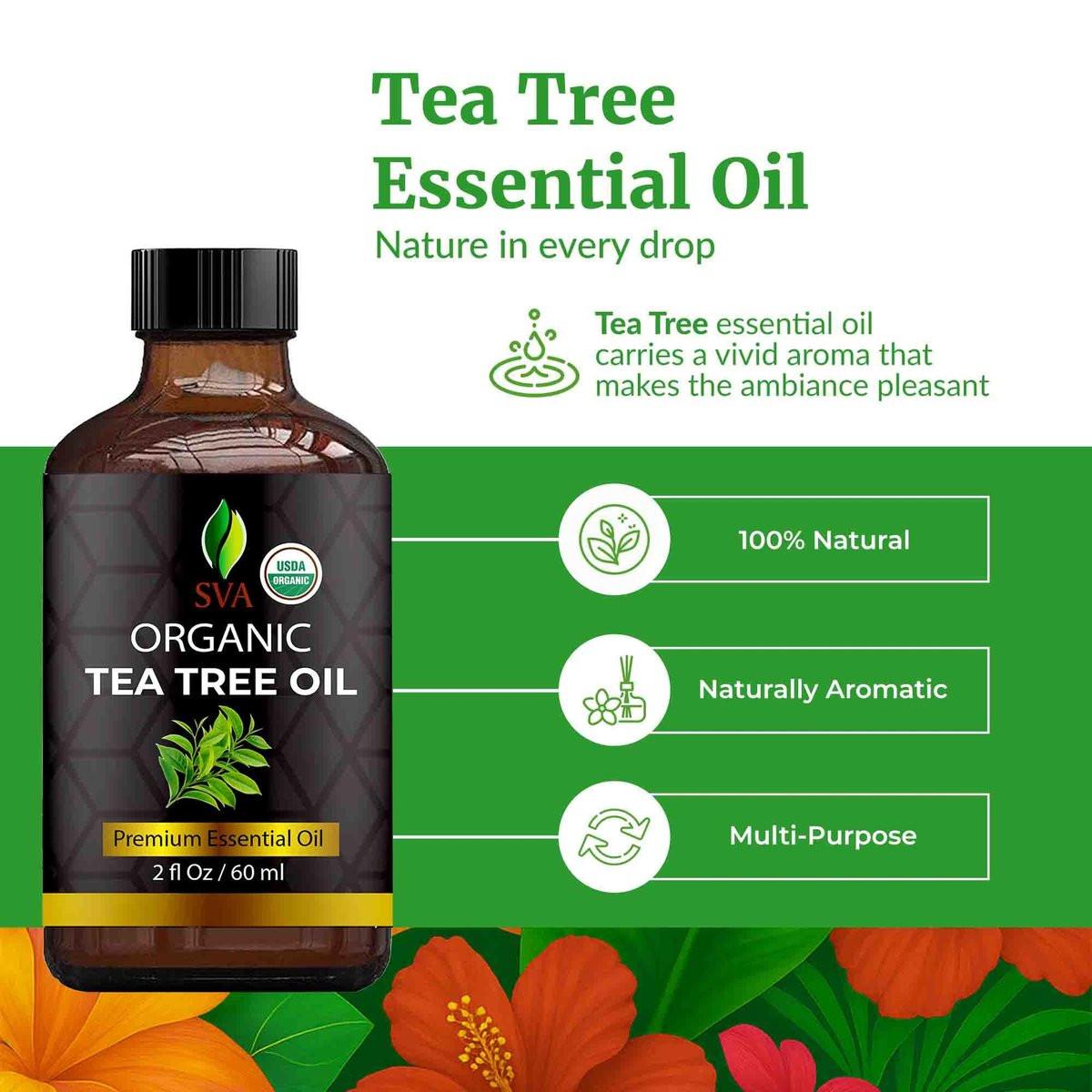 SVA Teebaumöl Bio – 59 ml – 100% natürliches Bio-Teebaumöl – für Diffuser, Haare, Gesicht, Hautpflege, Aromatherapie, Kopfhaut- und Körpermassage, Seifen- und Kerzenherstellung – mit Pipette