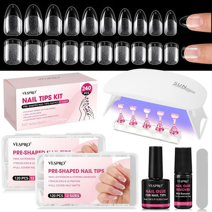 VESPRO 240-teiliges Gel-Nagelspitzen-Set: Kurze Mandel- & Kurze Quadratische Nägel – Vorgeätzte Klare Acrylnägel in 12 Größen mit 5-in-1 Gelkleber, Nagellackentferner, UV-LED-Lampe & Nagelständer – Geschenk für Frauen