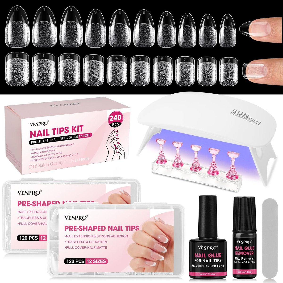 VESPRO 240-teiliges Gel-Nagelspitzen-Set: Kurze Mandel- & Kurze Quadratische Nägel – Vorgeätzte Klare Acrylnägel in 12 Größen mit 5-in-1 Gelkleber, Nagellackentferner, UV-LED-Lampe & Nagelständer – Geschenk für Frauen