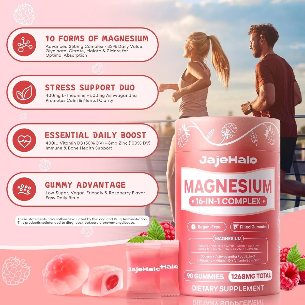 Magnesium Komplex für Frauen – Beruhigende Magnesiumglycinat Gummis 400mg, einzeln verpackt, 16-in-1, zuckerfrei, mit L-Threonat, Ashwagandha, Vitamin B6, D3 – 90 Stück