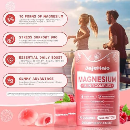 Magnesium Komplex für Frauen – Beruhigende Magnesiumglycinat Gummis 400mg, einzeln verpackt, 16-in-1, zuckerfrei, mit L-Threonat, Ashwagandha, Vitamin B6, D3 – 90 Stück