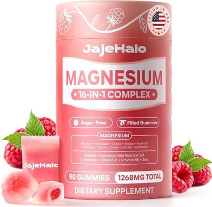 Magnesium Komplex für Frauen – Beruhigende Magnesiumglycinat Gummis 400mg, einzeln verpackt, 16-in-1, zuckerfrei, mit L-Threonat, Ashwagandha, Vitamin B6, D3 – 90 Stück