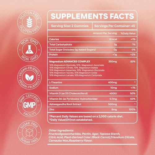 Magnesium Komplex für Frauen – Beruhigende Magnesiumglycinat Gummis 400mg, einzeln verpackt, 16-in-1, zuckerfrei, mit L-Threonat, Ashwagandha, Vitamin B6, D3 – 90 Stück
