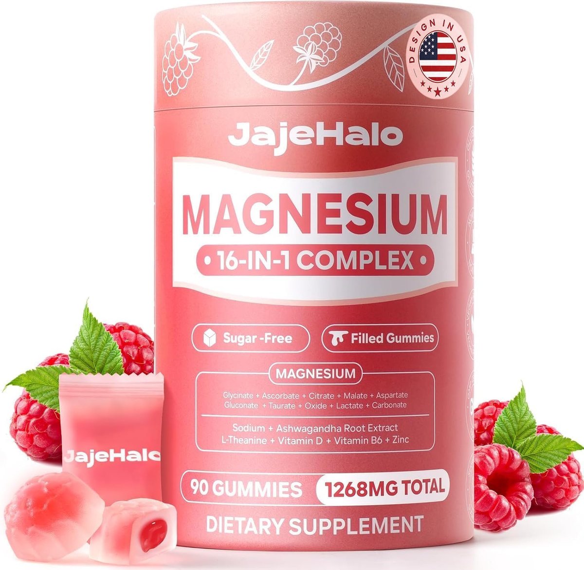 Magnesium Komplex für Frauen – Beruhigende Magnesiumglycinat Gummis 400mg, einzeln verpackt, 16-in-1, zuckerfrei, mit L-Threonat, Ashwagandha, Vitamin B6, D3 – 90 Stück