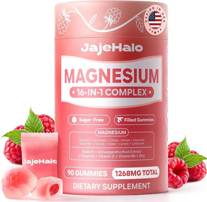 Magnesium Komplex für Frauen – Beruhigende Magnesiumglycinat Gummis 400mg, einzeln verpackt, 16-in-1, zuckerfrei, mit L-Threonat, Ashwagandha, Vitamin B6, D3 – 90 Stück