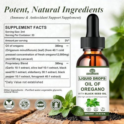 Oreganoöl mit Schwarzkümmelöl, 7-in-1 Bio Oreganoöl Tropfen mit Knoblauch, Holunderbeere, Olivenblatt, Carvacrol & Thymol | Pflanzliches Nahrungsergänzungsmittel für Immunsystem und Antioxidantien-Unterstützung | Vegan